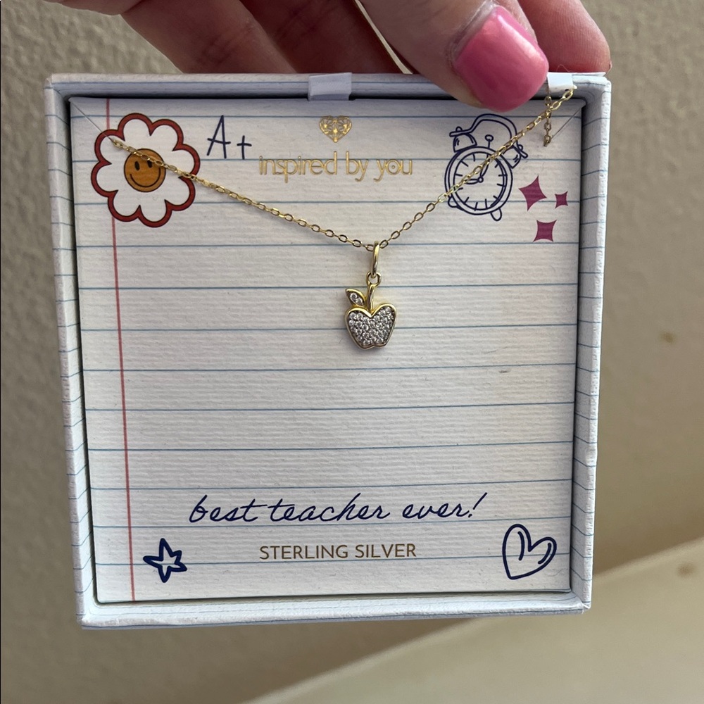 Gold Apple Sterling Silver Pendant Necklace Best Teacher Ever